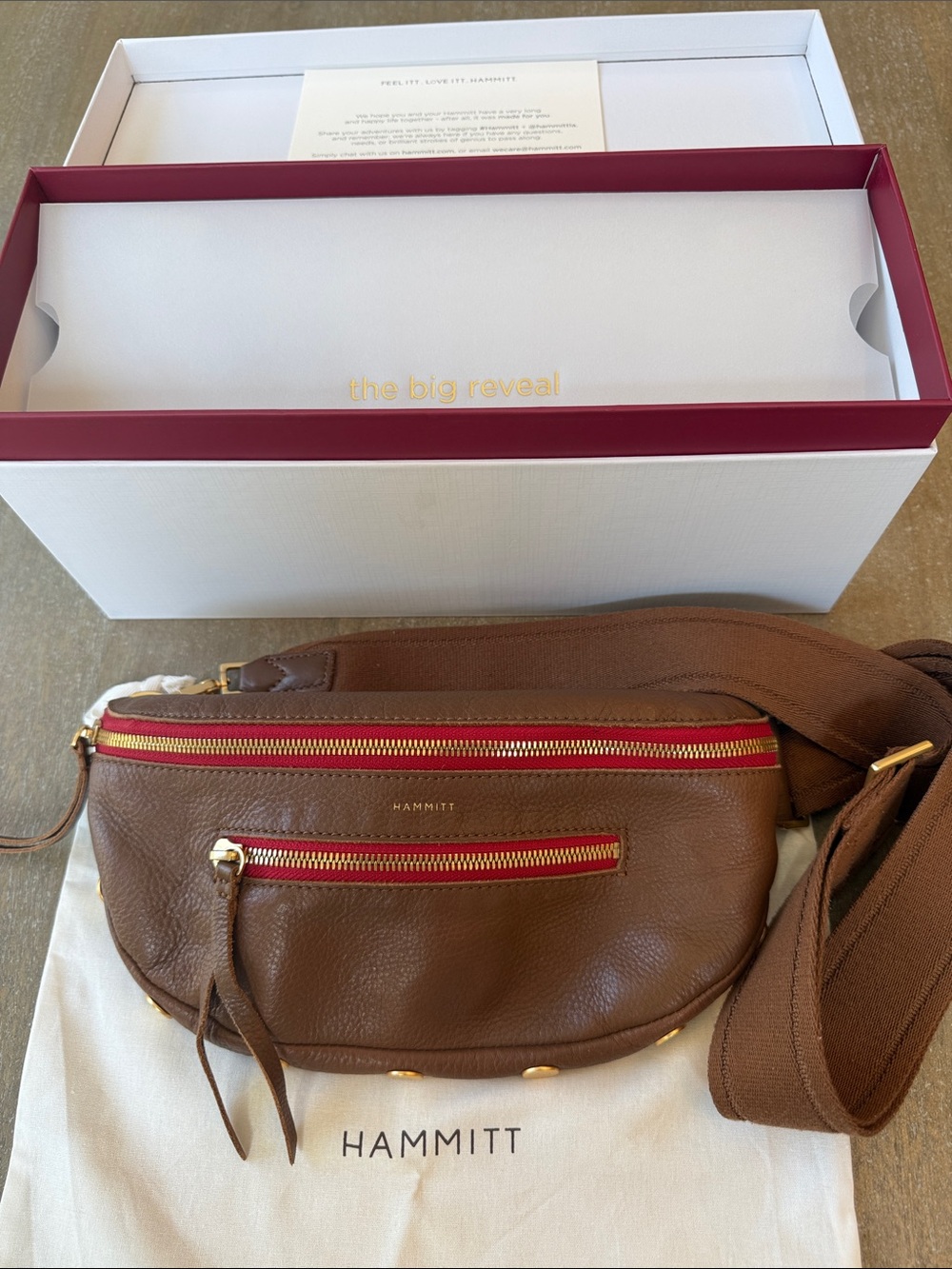Hammitt Charles Brown Leather Crossbody Belt Bag with Red Zip Details